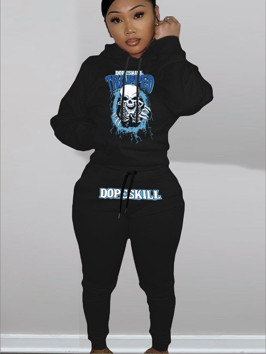 Damen Hoodie und Jogginghose Set mit auffälligem Skelettmotiv Stalluxe