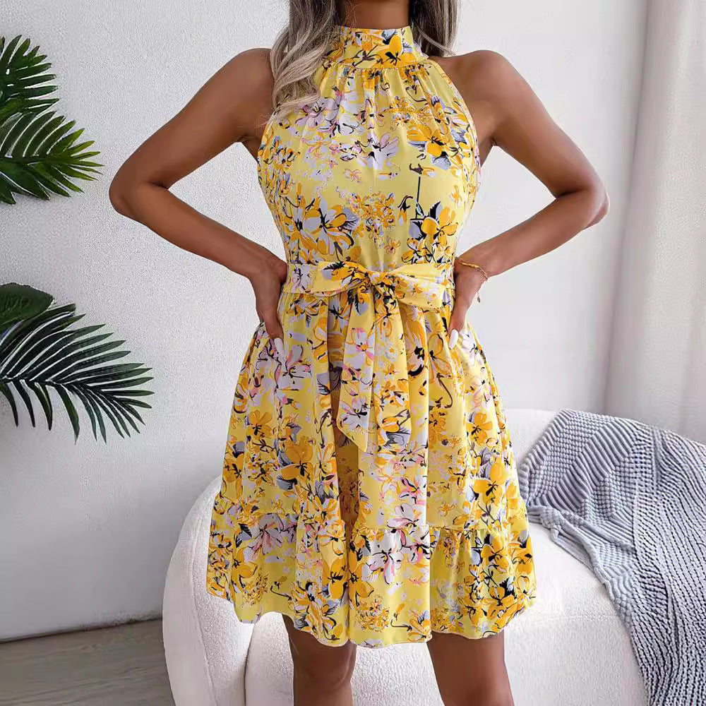 Damen ärmelloses Blumenkleid mit Rüschen und hochgeschlossenem Design Stalluxe