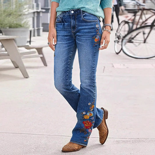 Damen Flared Jeans mit eleganten Blumenstickereien Stalluxe