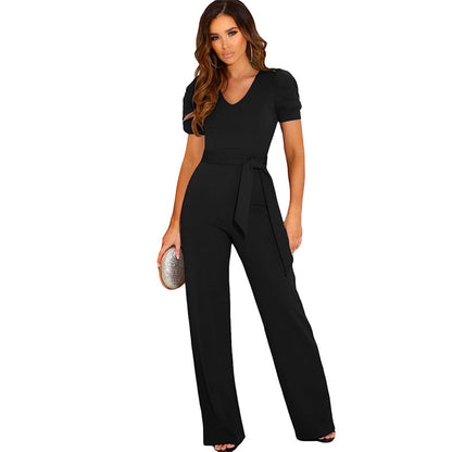 Damen Eleganter Jumpsuit mit Taillengürtel und Puffärmel Stalluxe