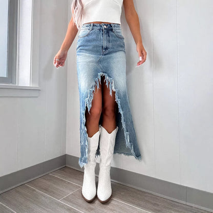 Damen Denim-Rock mit fransigem Saum und hohen Schlitzen Stalluxe
