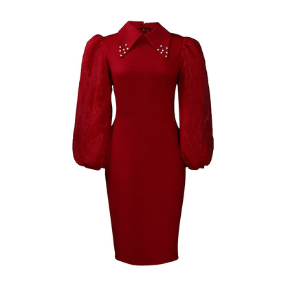 Damen Midi-Kleid mit Puffärmeln und dekorativem Kragen Stalluxe