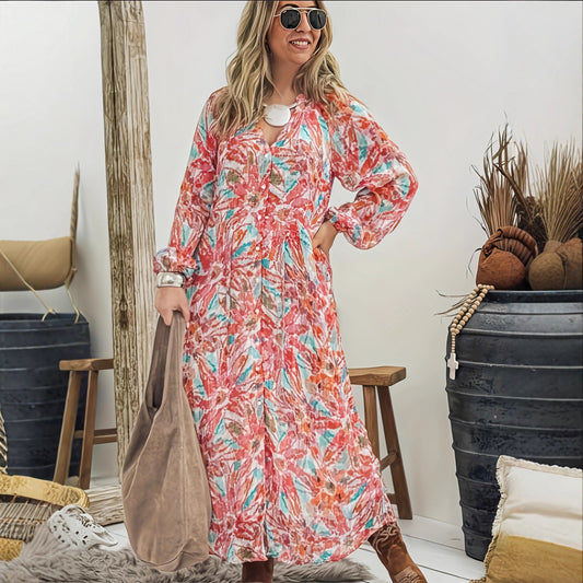 Damen Maxikleid mit buntem Floralprint und leichtem V-Ausschnitt Stalluxe