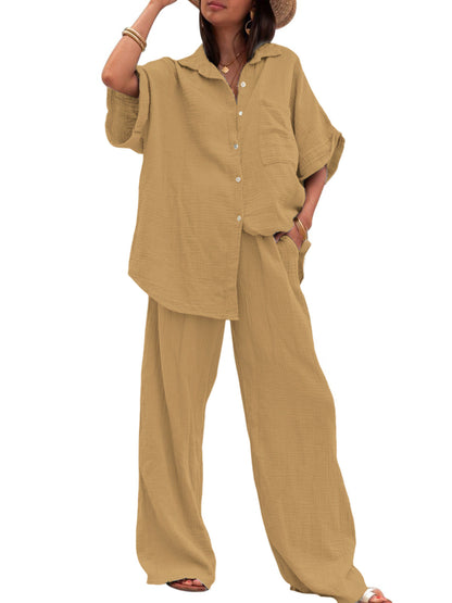 Damen luftiges Oversize-Hemd und weite Hose Set Stalluxe