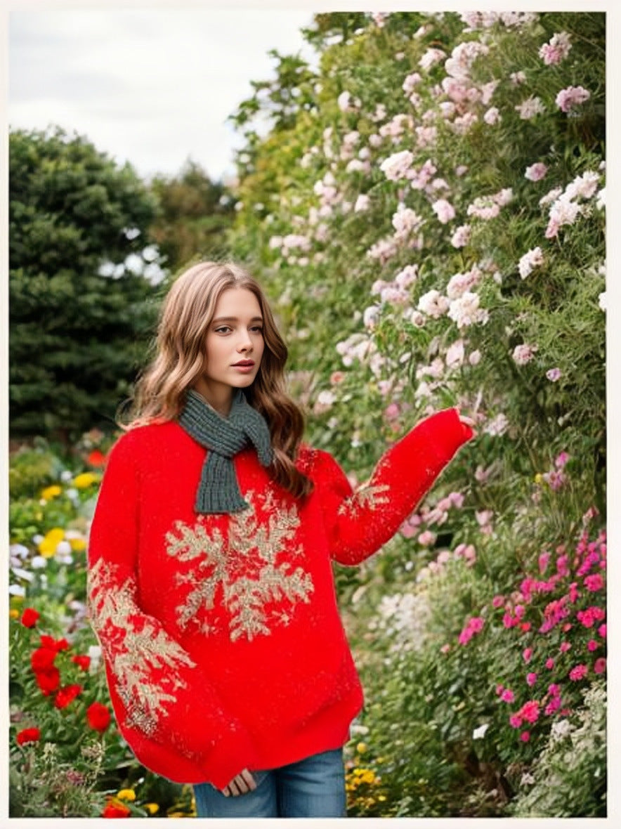 Damen Weihnachts-Pullover mit festlichem Schneeflocken-Motiv und weitem Schnitt Stalluxe