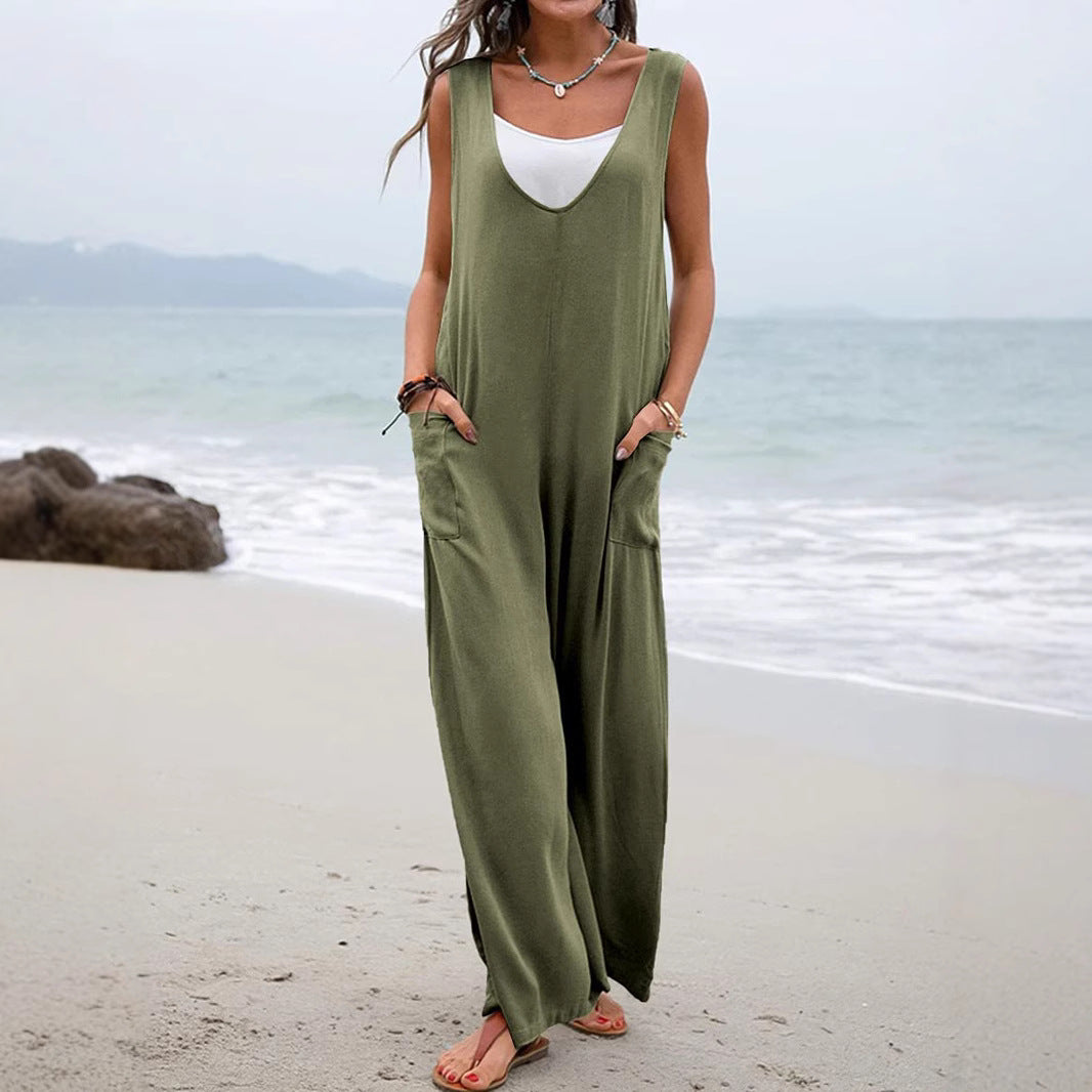 Damen Weit geschnittene Sommer-Jumpsuit mit praktischen Taschen und V-Ausschnitt Stalluxe