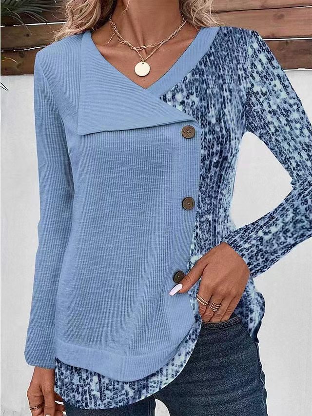 Damen Modisches Langarmshirt mit asymmetrischem Kragen und dekorativen Knopfdetails Stalluxe Blau