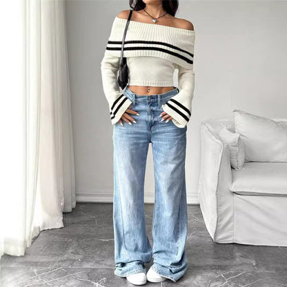 Damen Off-Shoulder Crop-Pullover mit lässigen Streifen Stalluxe