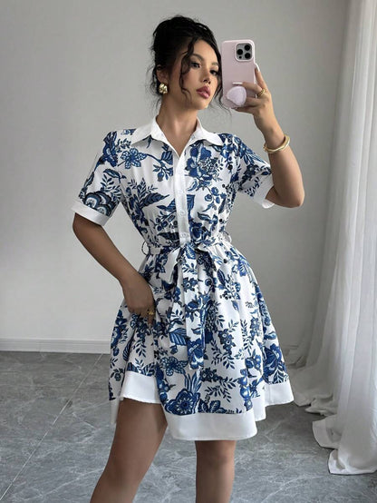 Damen Hemdblusenkleid mit floralem Muster und Taillengürtel Stalluxe