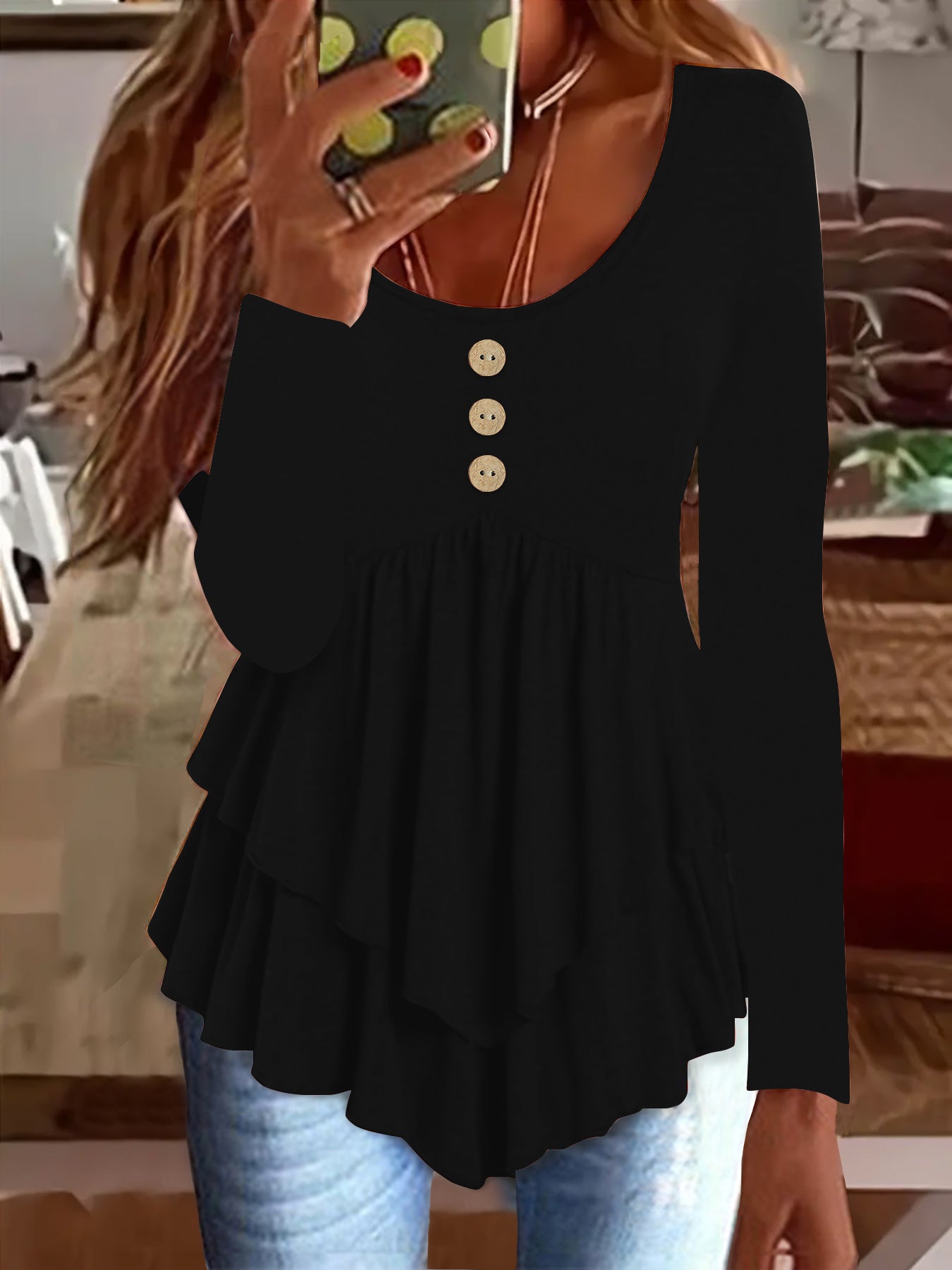 Damen Langarm Blusenshirt mit mehrlagigem Design und dekorativen Knopfdetails Stalluxe Schwarz