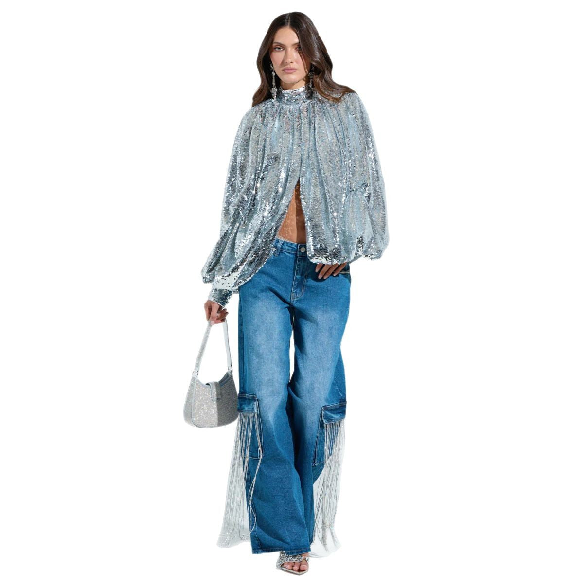 Damen Cargo-Jeans mit Glitzerfransen und tiefen Seitentaschen Stalluxe
