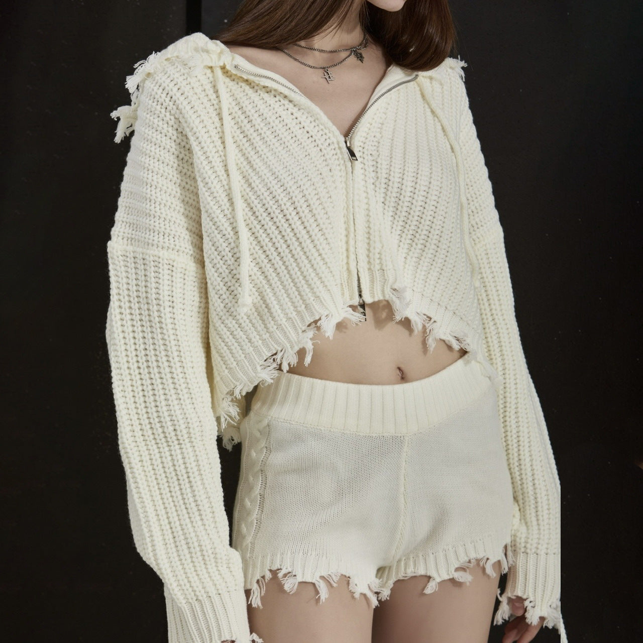 Damen Sportliches Hoodie-Shorts-Set mit einzigartigen Fransen Stalluxe