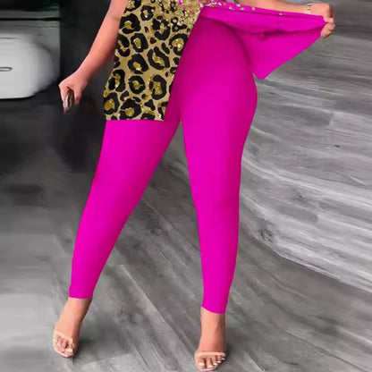 Damen Einseitig schulterfreier Jumpsuit mit animalischem Druck und Glitzerakzenten Stalluxe