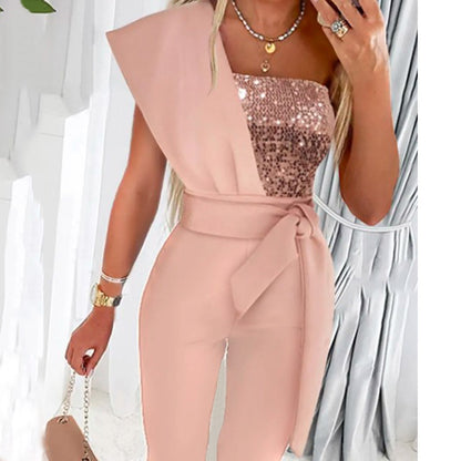 Damen One-Shoulder Jumpsuit mit glitzerndem Oberteil und Taillengürtel Stalluxe