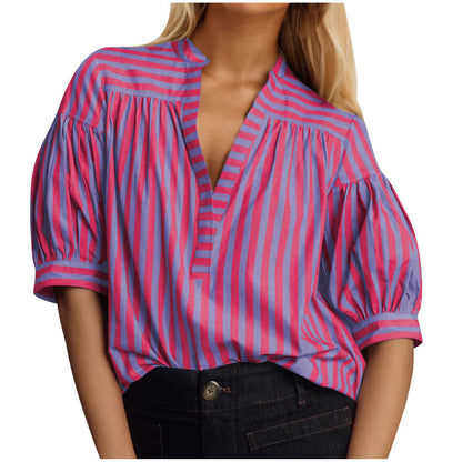 Damen Hemdblusenshirt mit Puffärmeln und gestreiftem Muster Stalluxe