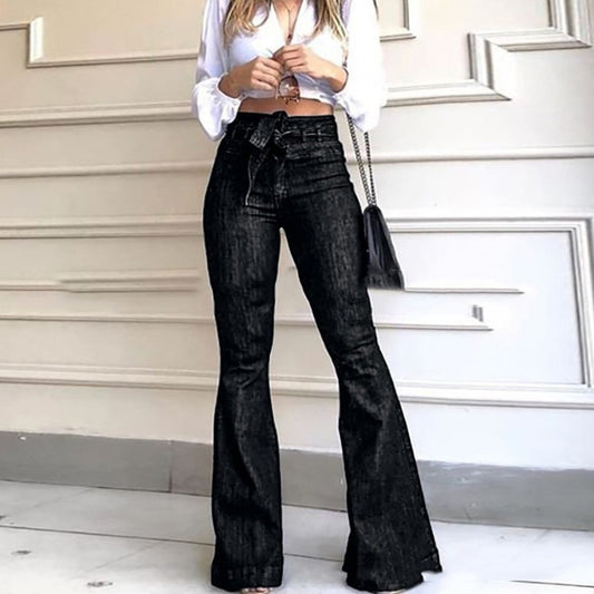 Damen elegante Bootcut-Jeans mit hohem Bund und Gürtel Stalluxe