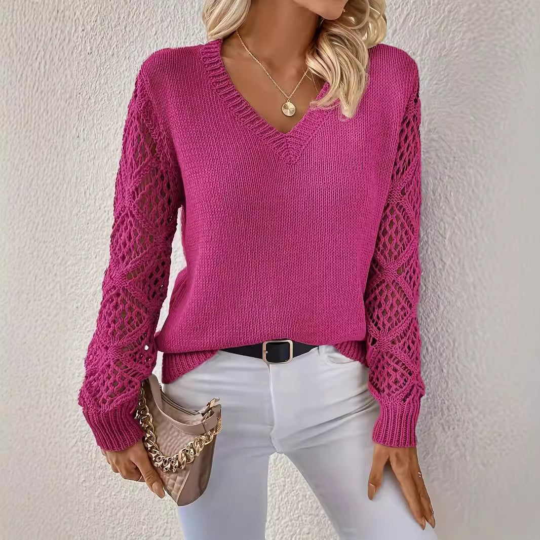 Damen Eleganter Strickpullover mit V-Ausschnitt und gehäkelten Ärmeln Stalluxe