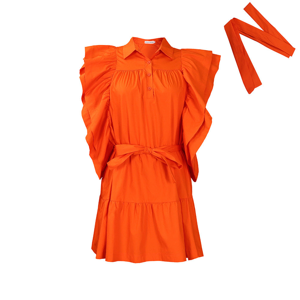 Damen Hemdblusenkleid mit voluminösen Rüschenärmeln und Taillengürtel Stalluxe Orange