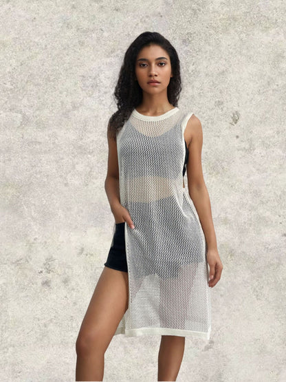 Damen Netz-Kleid mit seitlichen Schlitzen und lässigem Schnitt Stalluxe Weiß