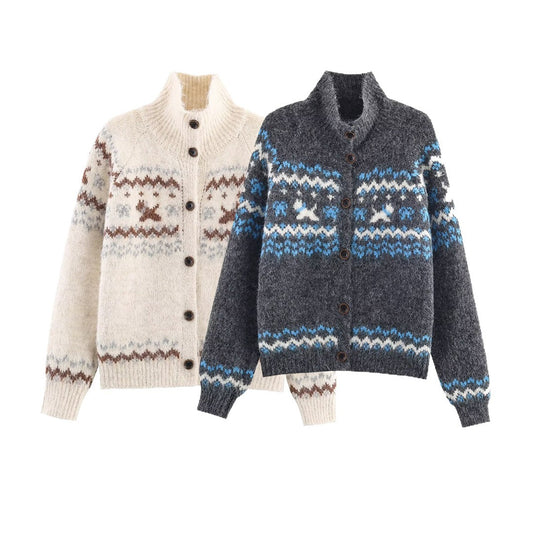Damen Strickjacke mit traditionellem Muster und hochgeschlossenem Kragen Stalluxe