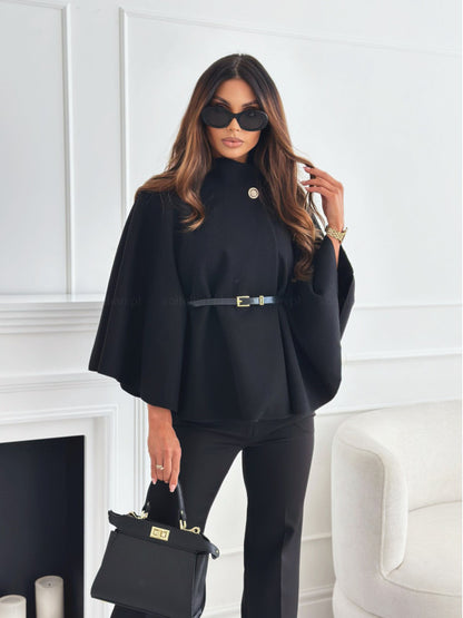 Damen elegante Poncho-Bluse mit Gürtel und modischem Revers Stalluxe
