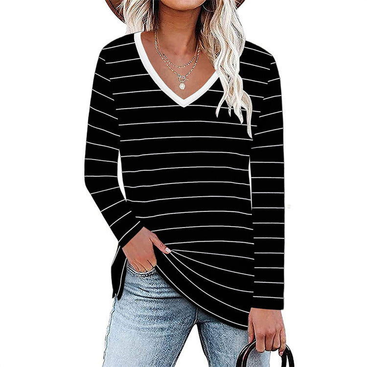 Damen V-Ausschnitt Langarmshirt mit Streifenmuster und seitlichen Schlitzen Stalluxe