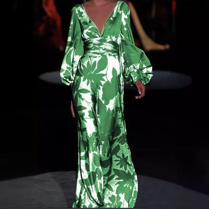 Damen Maxikleid mit tiefem V-Ausschnitt und voluminösen Ärmeln Stalluxe