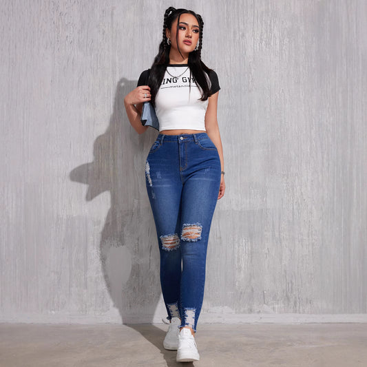 Damen Ripped Skinny Jeans mit hohem Bund und modischen Ziernähten Stalluxe