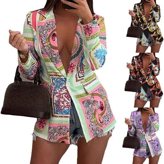 Damen modische Blazerjacke mit buntem Musterdruck Stalluxe
