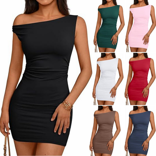Damen figurbetontes Kleid mit asymmetrischem Ausschnitt und Raffungen Stalluxe