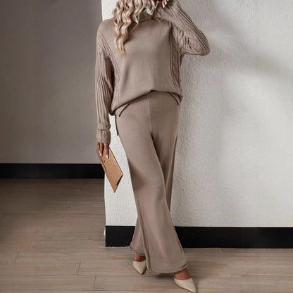 Damen Stilvolles Strickset mit hohem Kragen und weiter Hose Stalluxe