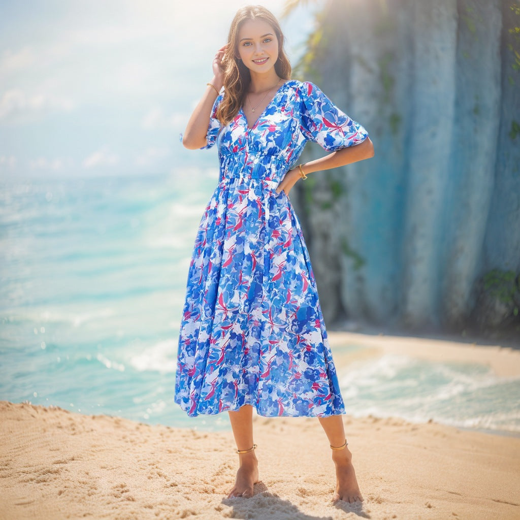 Damen Maxikleid im romantischen Aquarelldesign Stalluxe Blau