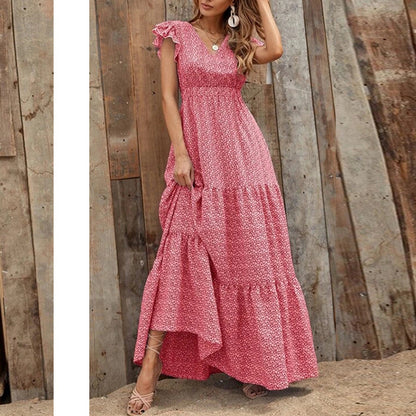 Damen Maxikleid mit zarten Rüschendetails und tieferem V-Ausschnitt Stalluxe