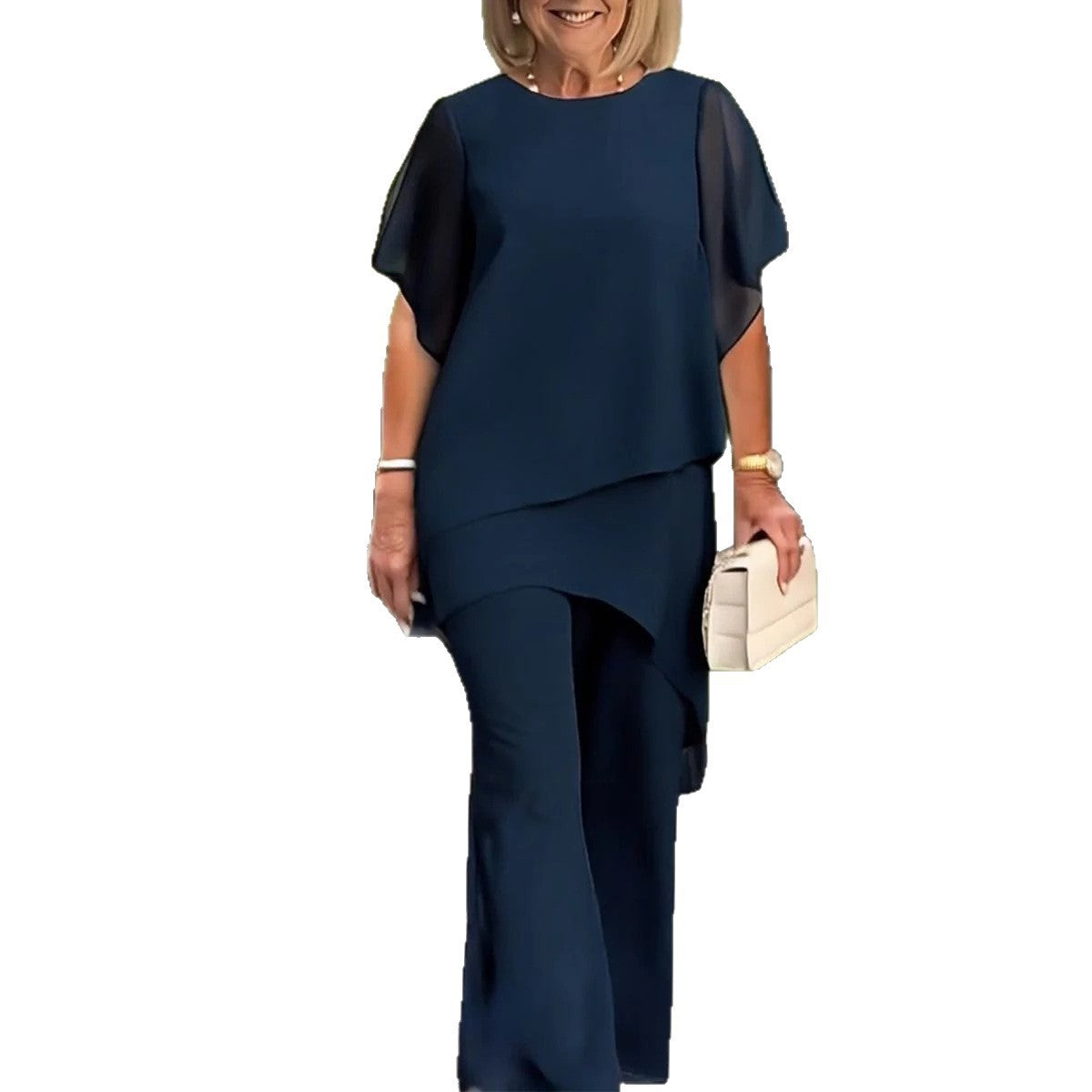 Damen elegantes Ensemble aus fließendem Oberteil und weitem Hose Stalluxe