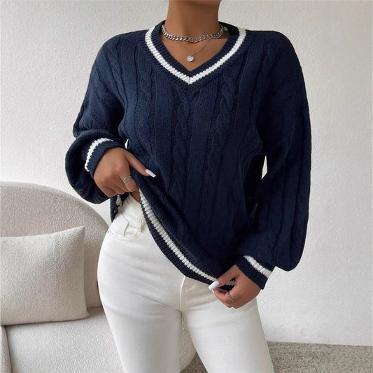 Damen Strickpullover mit modischem V-Ausschnitt und elegantem Zopfmuster Stalluxe