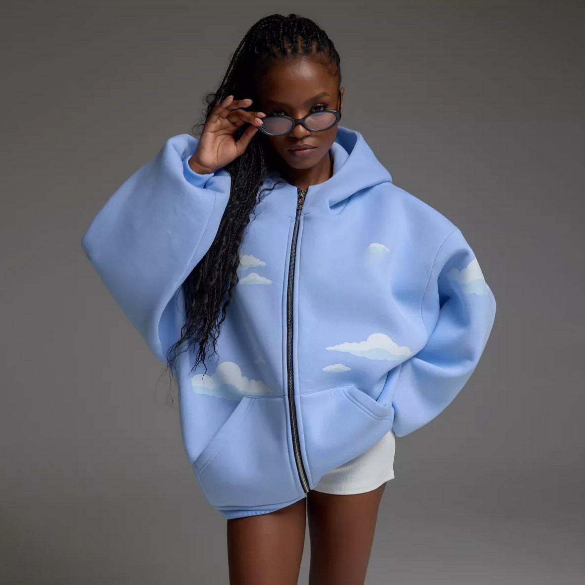 Damen Oversized Kapuzenjacke mit luftigen Wolkenmotiven Stalluxe