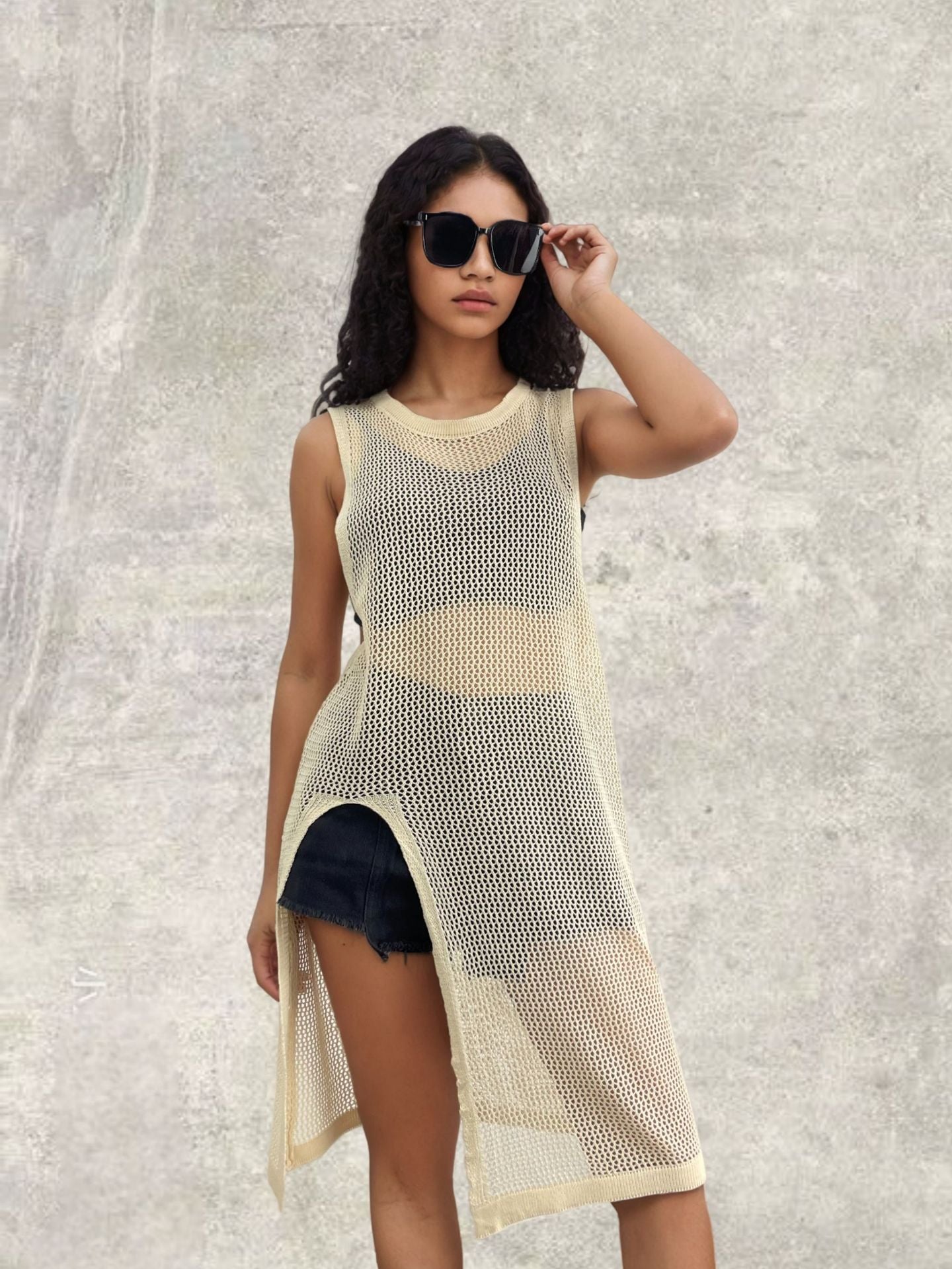 Damen Netz-Kleid mit seitlichen Schlitzen und lässigem Schnitt Stalluxe Aprikose