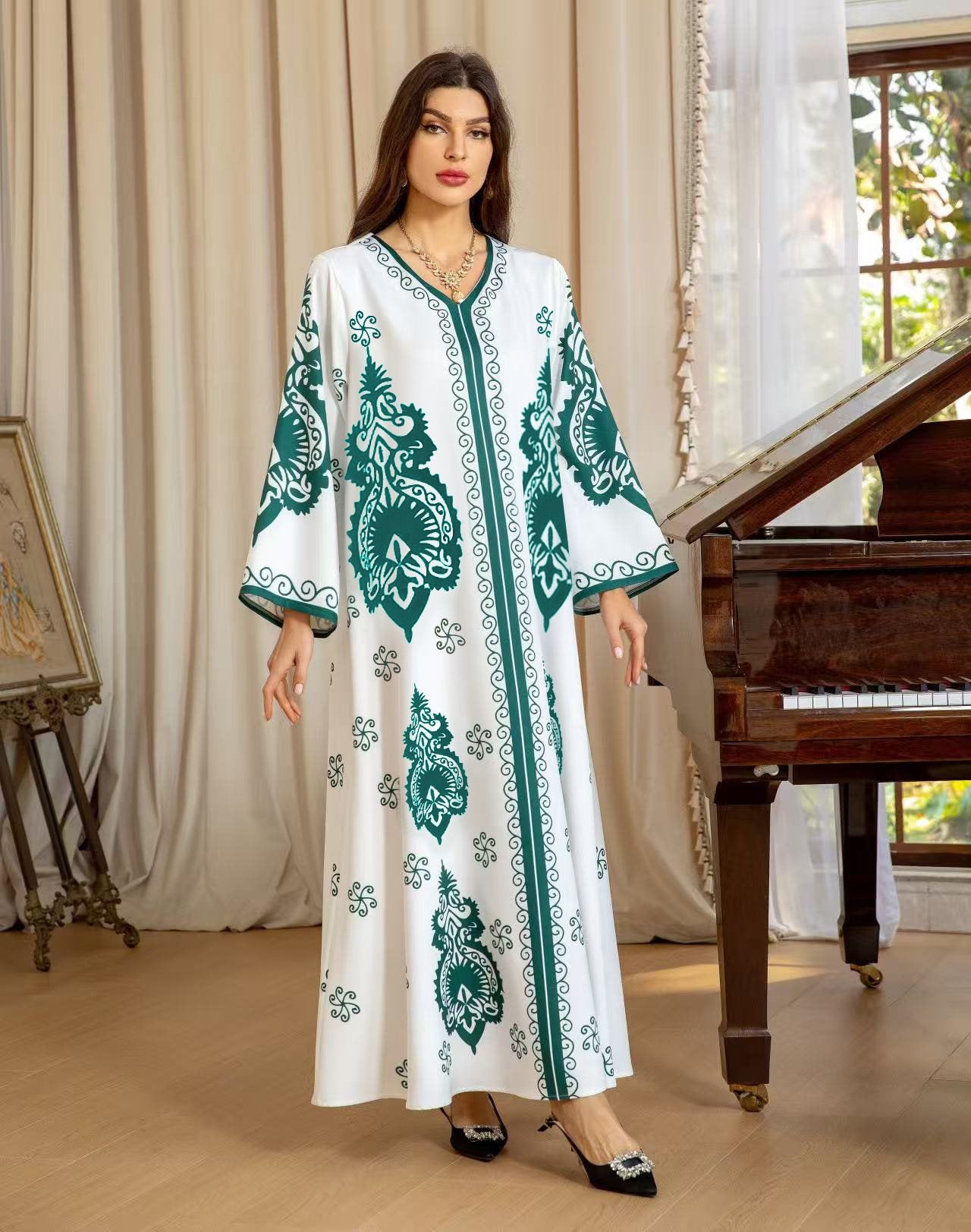 Damen Kaftan-Kleid mit kunstvollem Motiv und lockerer Passform Stalluxe