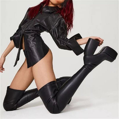 Damen Überknee-Stiefel mit klobigem Blockabsatz und elastischem Obermaterial Stalluxe