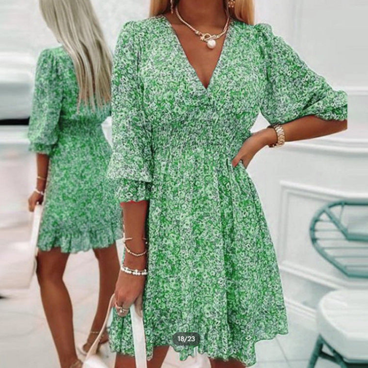 Damen Blumenmuster Mini-Kleid mit V-Ausschnitt und elastischem Bund Stalluxe