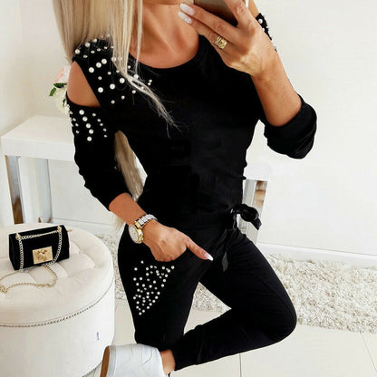 Damen Freizeit-Loungewear-Set mit dekorativen Nieten und besonderen Schulterdetails Stalluxe