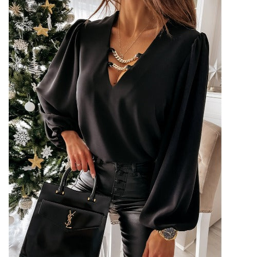 Damen Bluse mit voluminösen Ärmeln und V-Ausschnitt Stalluxe