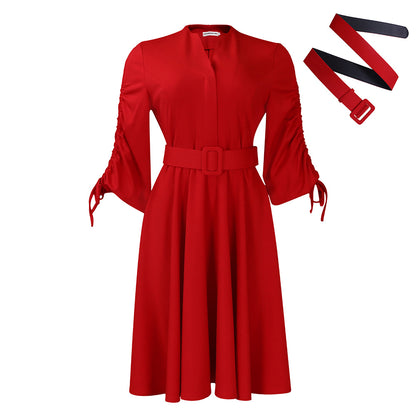Damen Kleid mit tailliertem Gürtel und Rüschenärmeln Stalluxe Rot