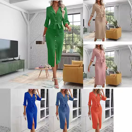 Damen Elegantes Midi-Kleid mit Gürtel und Knopfdetail Stalluxe