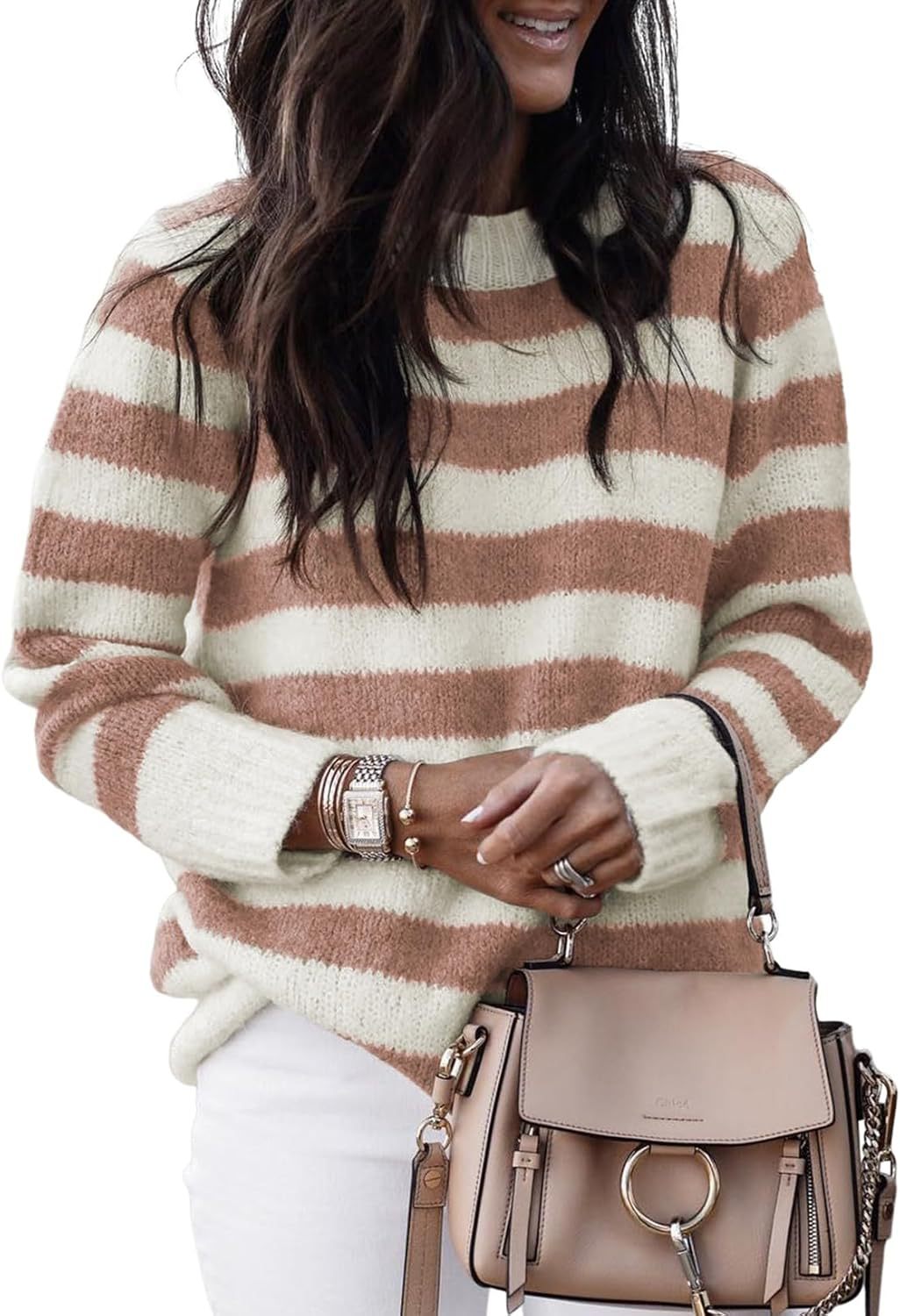 Damen lässiger Strickpullover mit breiten Querstreifen Stalluxe