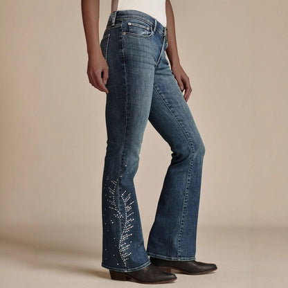 Damen Bootcut Jeans mit funkelnden Strass-Applikationen Stalluxe