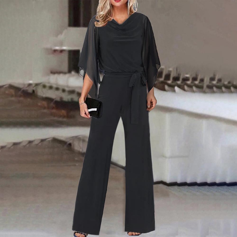 Damen eleganter Jumpsuit mit schwingenden Ärmeln und tailliertem Gürtel Stalluxe