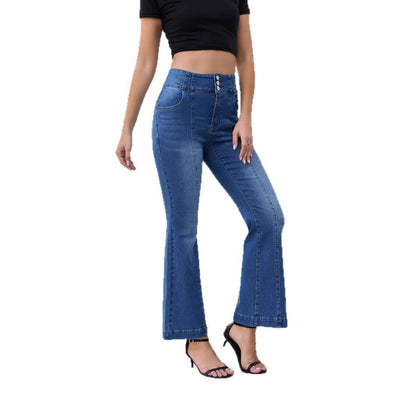 Damen Flared Jeans mit hohem Bund und eleganten Knopfdetails Stalluxe