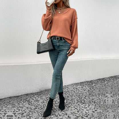 Damen lässiger Pullover mit V-Ausschnitt und ballonartigen Ärmeln Stalluxe