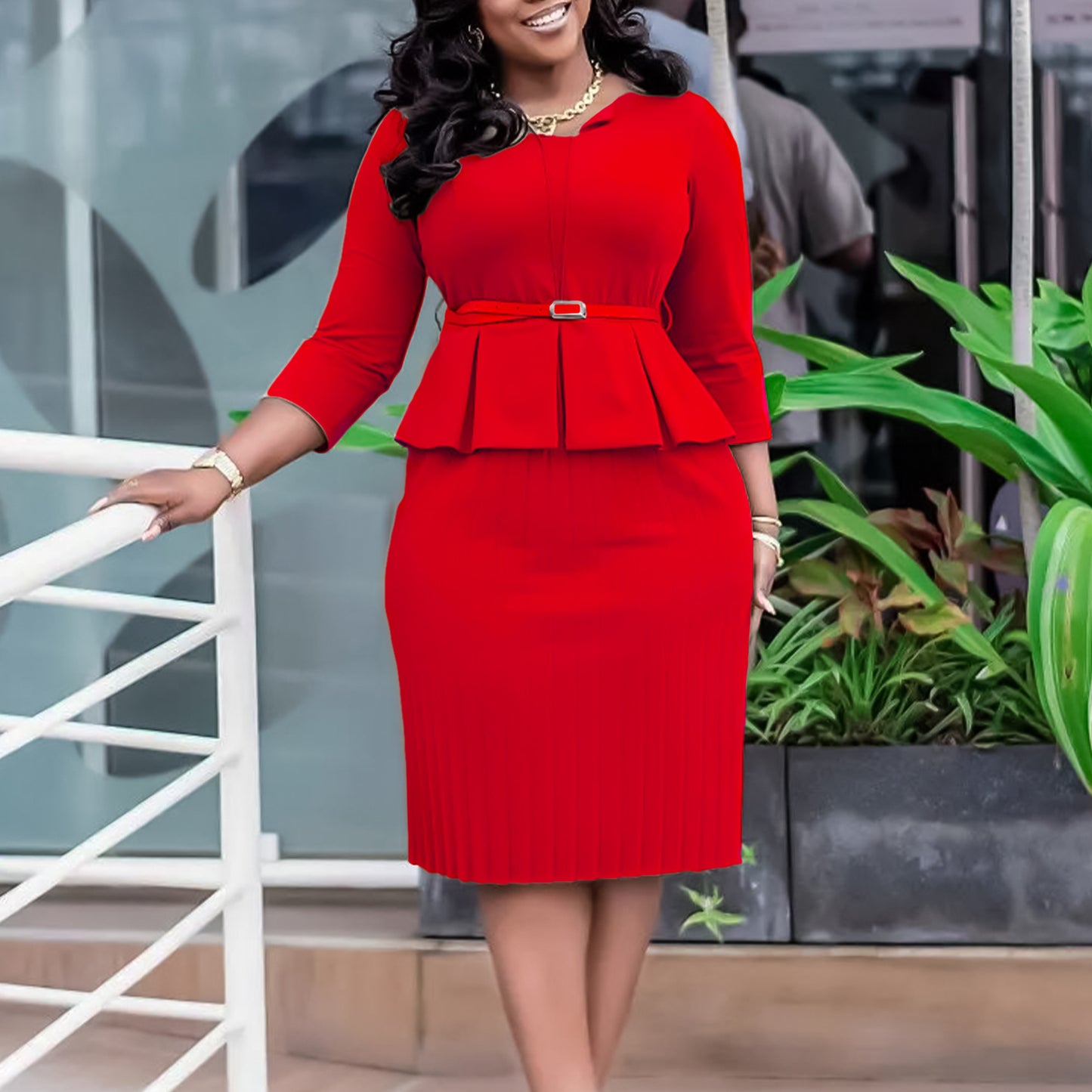 Damen Elegantes Peplum Kleid mit eingearbeitetem Taillengürtel und strukturiertem Rock Stalluxe